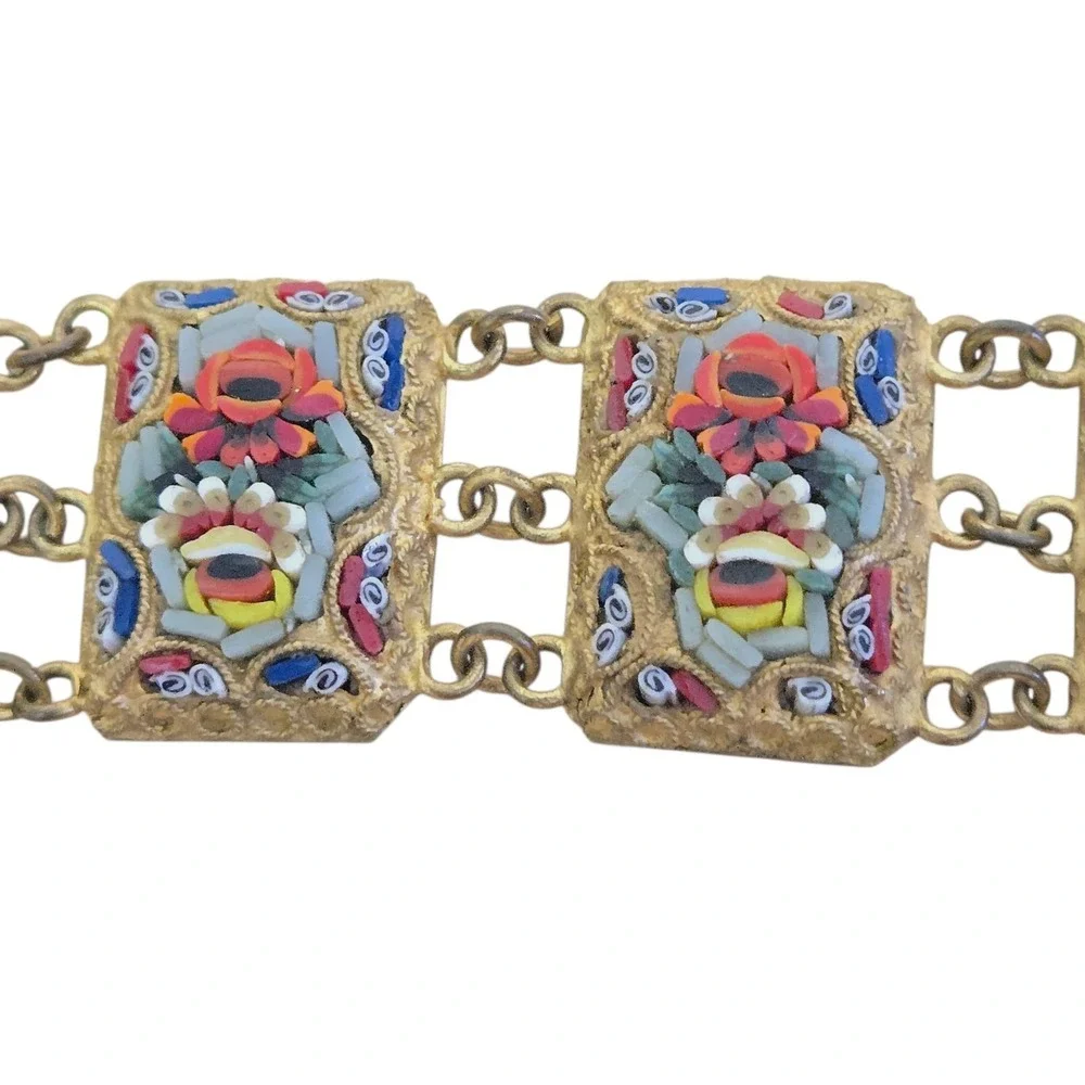 Vtg Micro Mosaic Roses Bracelet Floral Italian Millefiori Glass Link Panel 7.25
